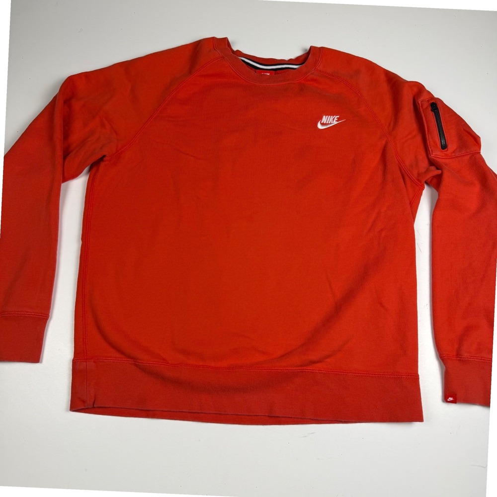 Nike Mens Sportswear Crewneck Sweatshirt Orange Raglan Zip Arm Pocket Large